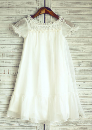 Short Sleeves Ivory Lace Chiffon Cute Flower Girl Dress